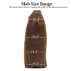 A uniquely shaped Black Walnut Live Edge Coffee Table, available for immediate shipping. The slab features varying width measurements in inches: 10" at the top, 15.5" slightly below the top, 19.5" at the middle, 15.5" near the bottom, and 13.5" at the very bottom. The text "Slab Size Range" is displayed at the top—perfect for a live edge coffee table setting.