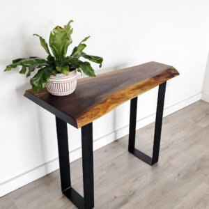 A striking Black Walnut Live Edge Coffee Table from our Ready To Ship collection stands against a white wall. It features black metal legs and a polished wood surface that highlights its rustic charm. Adding to its allure, a potted plant with broad green leaves in a stylish white and pink striped pot adorns the table. The scene is completed by a light wood floor.