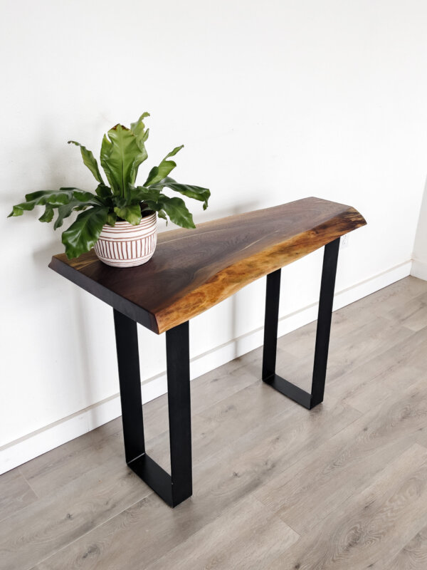A striking Black Walnut Live Edge Coffee Table from our Ready To Ship collection stands against a white wall. It features black metal legs and a polished wood surface that highlights its rustic charm. Adding to its allure, a potted plant with broad green leaves in a stylish white and pink striped pot adorns the table. The scene is completed by a light wood floor.