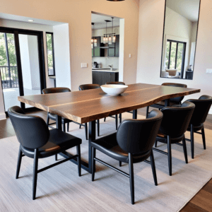 A modern dining room featuring a large wooden table with a natural edge, surrounded by eight black chairs. A white bowl serves as a centerpiece. The room opens to a balcony with glass doors, and the kitchen is visible in the background.