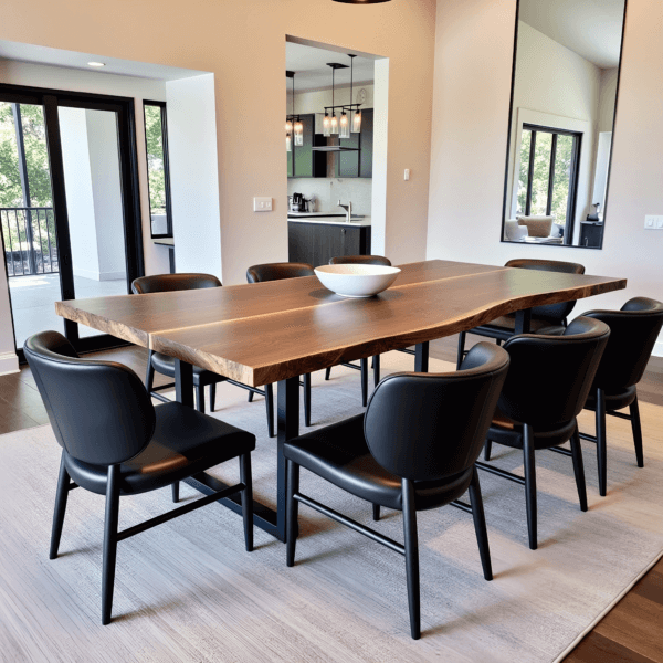 A modern dining room featuring a large wooden table with a natural edge, surrounded by eight black chairs. A white bowl serves as a centerpiece. The room opens to a balcony with glass doors, and the kitchen is visible in the background.