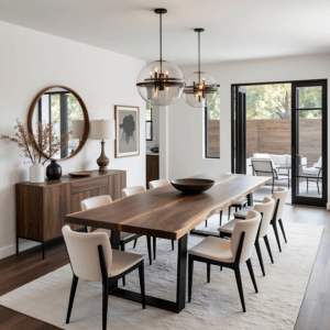 The modern dining room, a stylish home haven, features a wooden table and eight white chairs on a light rug. A sideboard with vases and a lamp sits beneath a round mirror. Glass globe pendant lights hang above the table, while large glass doors offer views of the patio.