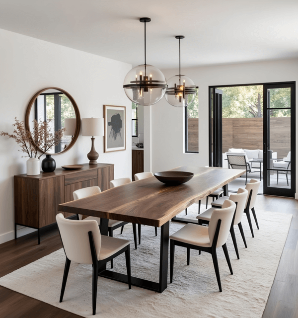 The modern dining room, a stylish home haven, features a wooden table and eight white chairs on a light rug. A sideboard with vases and a lamp sits beneath a round mirror. Glass globe pendant lights hang above the table, while large glass doors offer views of the patio.