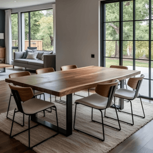 A modern dining room features a wooden table with six chairs on a light rug. Large windows reveal a view of a green garden, and a gray sofa is visible in the background. The space is bright and open.