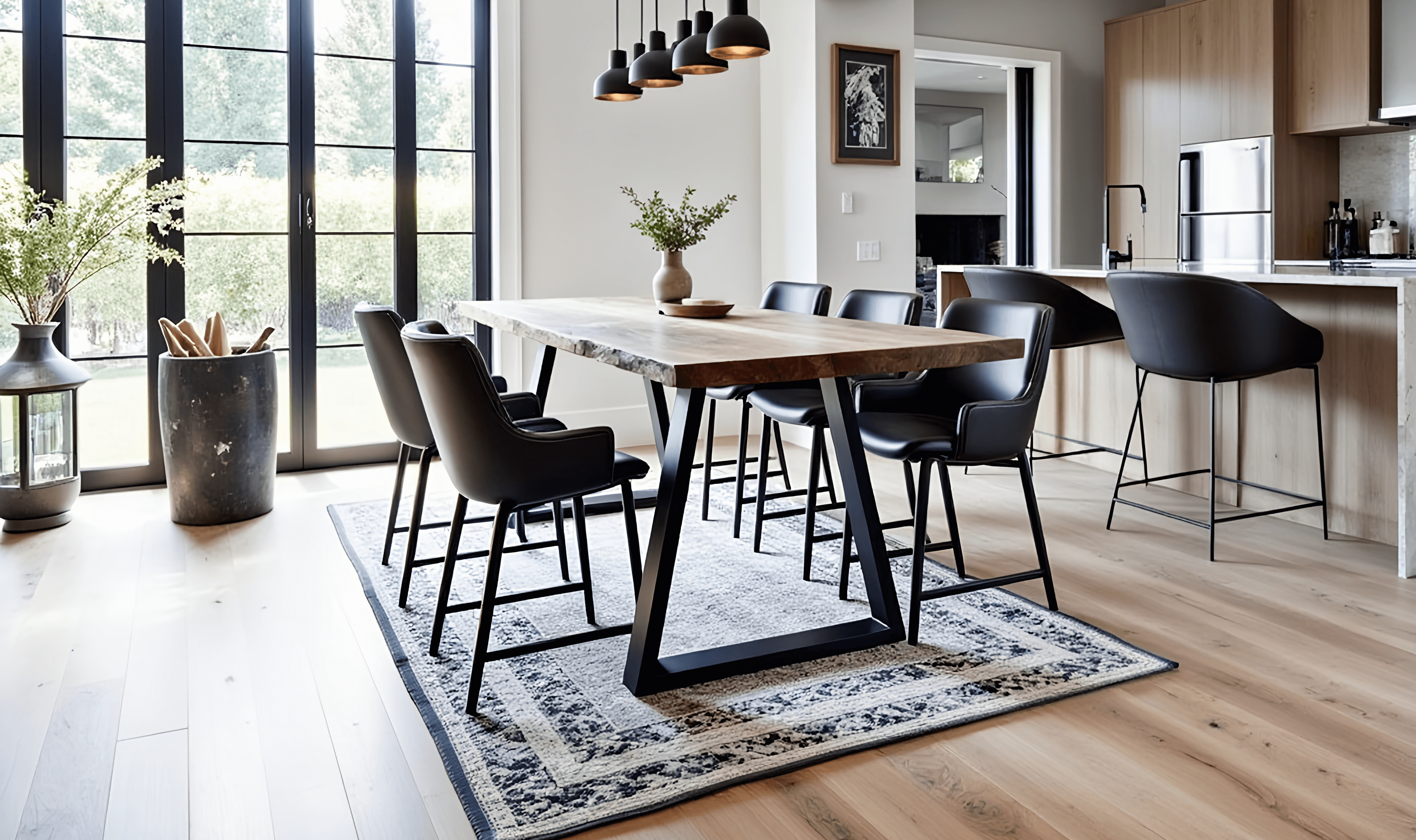 Modern dining room in a welcoming home, featuring a wooden table and six black chairs on a patterned rug. Pendant lights hang elegantly above the table, while large windows fill the space with natural light. In the background, you can see the kitchen with its light wood cabinets.