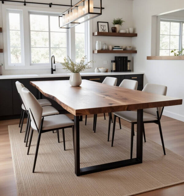A modern dining room featuring a large wooden table with a live edge and six beige upholstered chairs. The room has white walls, large windows with natural light, a minimalist light fixture, and shelves with decor items. A beige rug lies under the table.