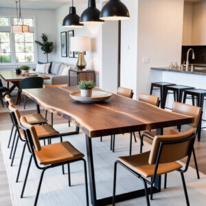 A modern dining room features a long wooden table with black metal legs and eight brown chairs. Overhead, three black pendant lights hang. The room includes a view of a living area, large windows, and a kitchen island with stools in the background.