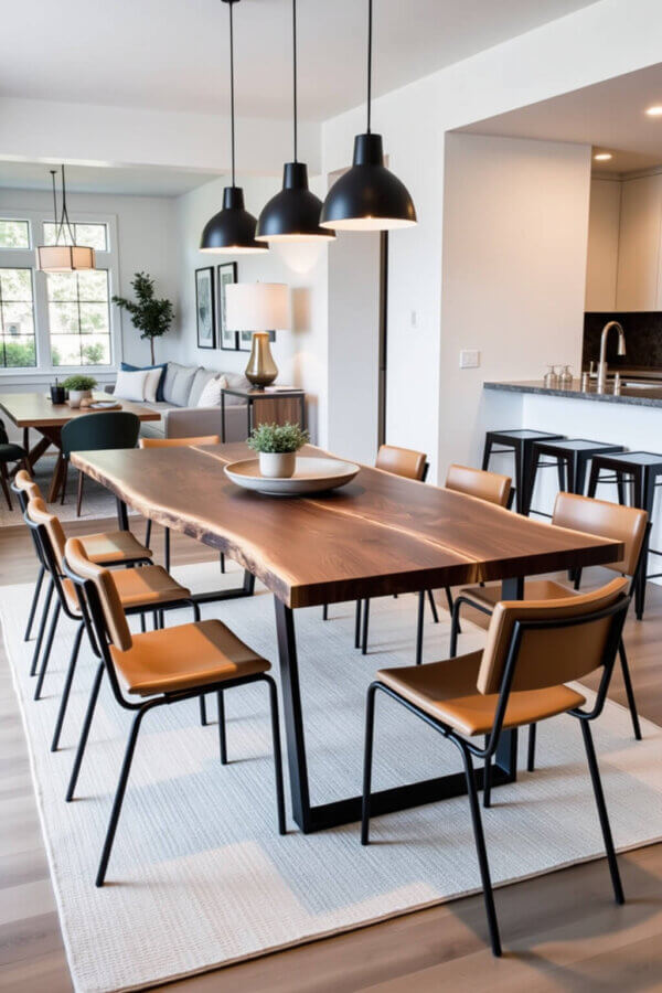 A modern dining room features a long wooden table with black metal legs and eight brown chairs. Overhead, three black pendant lights hang. The room includes a view of a living area, large windows, and a kitchen island with stools in the background.