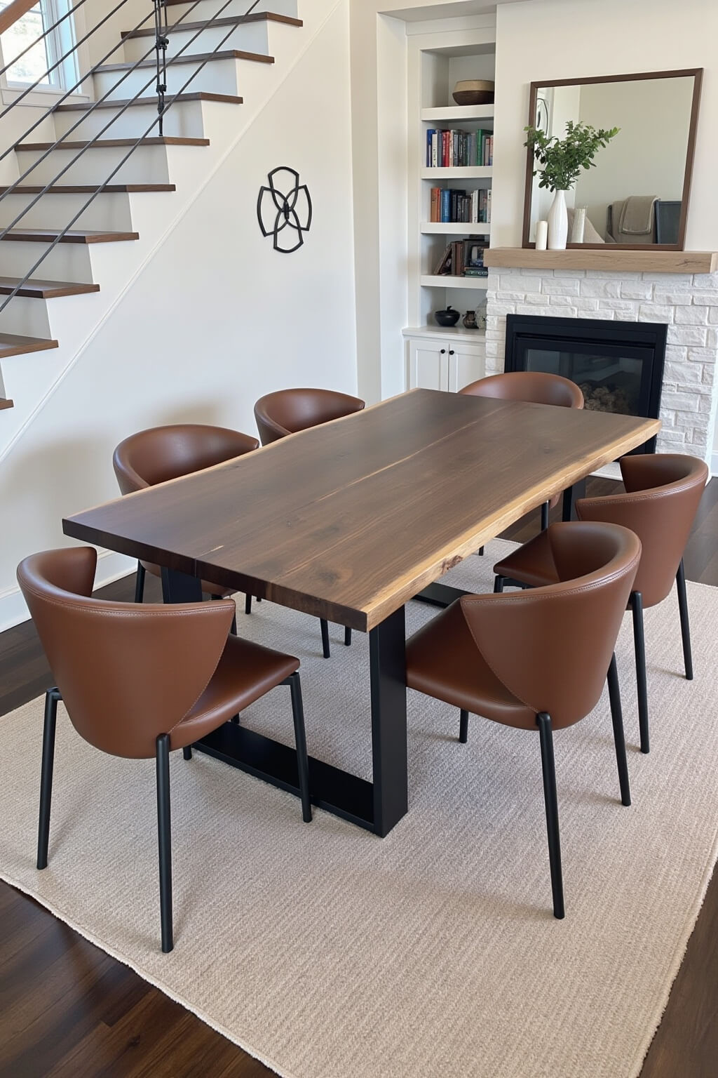 Dining room with a modern wooden table surrounded by six brown leather chairs on a light-colored rug. A staircase with wooden steps and metal railing is visible to the left, and a fireplace with a mirror and bookshelf is on the right.