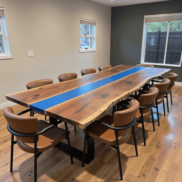 A large wooden conference table with a blue resin stripe in the center is surrounded by ten brown leather chairs. The room has light walls, wooden flooring, and two windows letting in natural light.