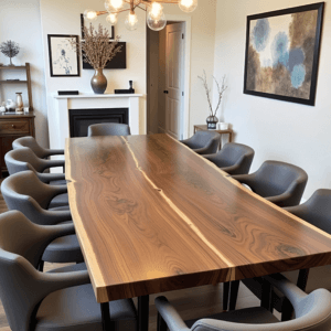 A modern dining room featuring a long wooden table with a natural grain, surrounded by eight gray chairs. The room has a contemporary chandelier, large framed artwork, a small cabinet, and a decorative vase near the white fireplace.
