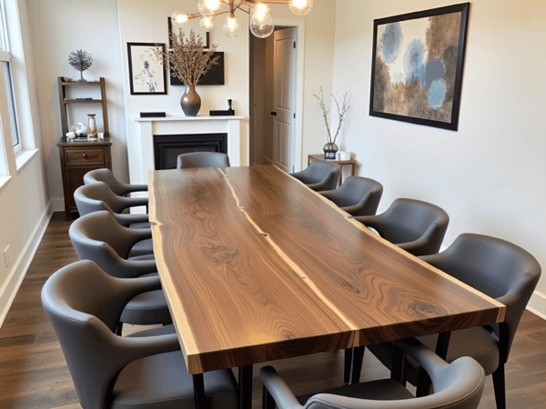 A modern dining room featuring a long wooden table with a natural grain, surrounded by eight gray chairs. The room has a contemporary chandelier, large framed artwork, a small cabinet, and a decorative vase near the white fireplace.