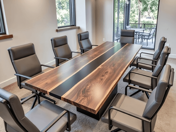 A modern conference room featuring a large wooden table with a dark stripe down the center, surrounded by eight black leather chairs. The room has natural light coming in from large windows with a view of greenery outside.
