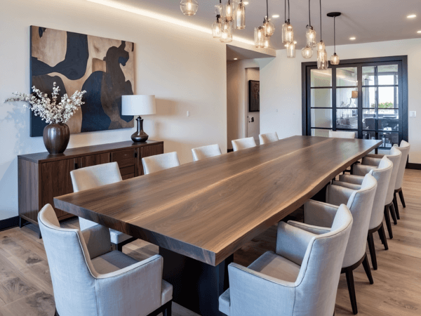 A modern dining room with a long wooden table surrounded by cushioned chairs. A sideboard with a lamp and vase with white flowers is against the wall. Abstract art hangs above, and several pendant lights are suspended from the ceiling.