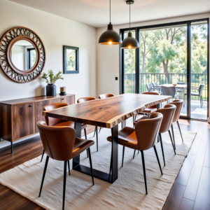 A modern dining room showcases a Black Walnut Book Matched Counter Height Table, complemented by brown leather chairs on a white rug. A sideboard with a round mirror and plant enhances the wall decor. Large windows provide views of the trees and open onto a balcony with outdoor seating. Pendant lights illuminate the space beautifully.