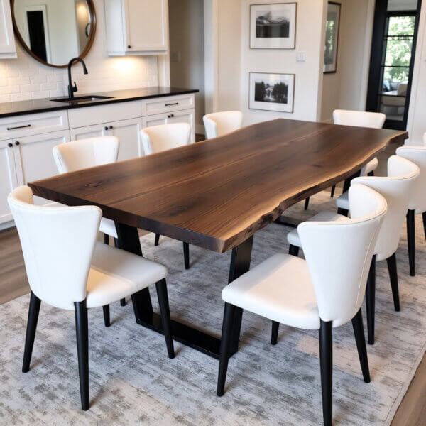 The dining room features an impressive Black Walnut Book Matched Dining Table, surrounded by eight white chairs placed on a light gray rug. The space is completed with elegant white cabinetry, a sleek black countertop, and decorated with a circular mirror and framed pictures on the walls.