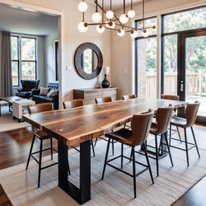 A dining room showcases a striking Black Walnut Book Matched Counter Height Table, surrounded by brown leather chairs. A modern chandelier hangs above, with a mirror mounted on the wall. Large windows and a glass door flood the space with natural light, providing a view of the deck outside.